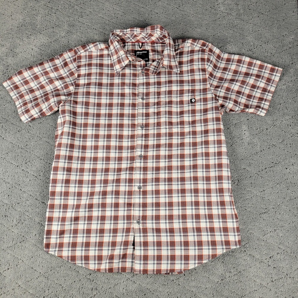 Marmot Shirt Mens L Red Plaid Syrocco Short Sleeve Button Up Collared Pocket